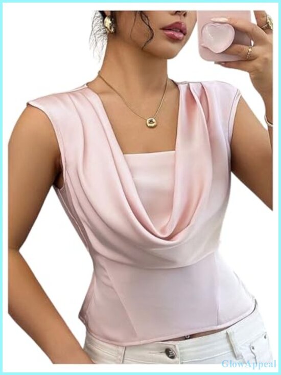 Tops - Silky Sleeveless Blouse Cowl Neck Ruched Tie Back Top